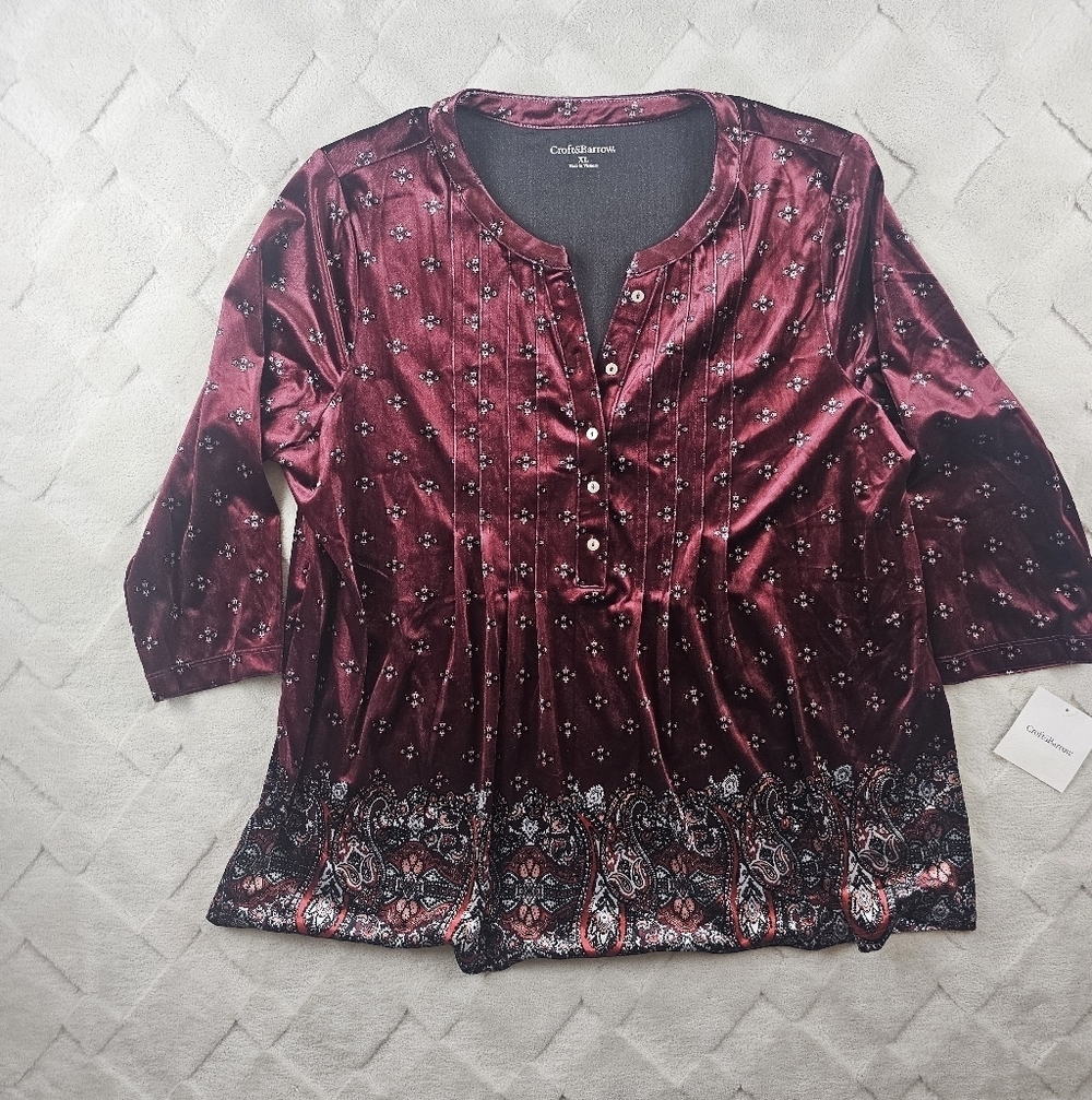 Croft & Barrow Velvet Blouse Womens XL Burgundy Paisley 3/4th Sleeve